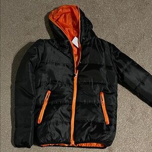 Children’s Black and Orange Hooded Puffer Jacket medium NWT